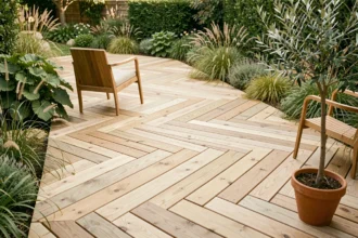 Terrasse en bois naturel avec lames en motif chevron dans un jardin verdoyant, sans dalle de béton