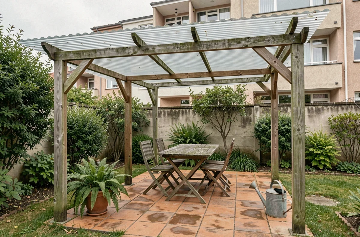 Terrasse couverte avec toit en polycarbonate et mobilier de jardin simple