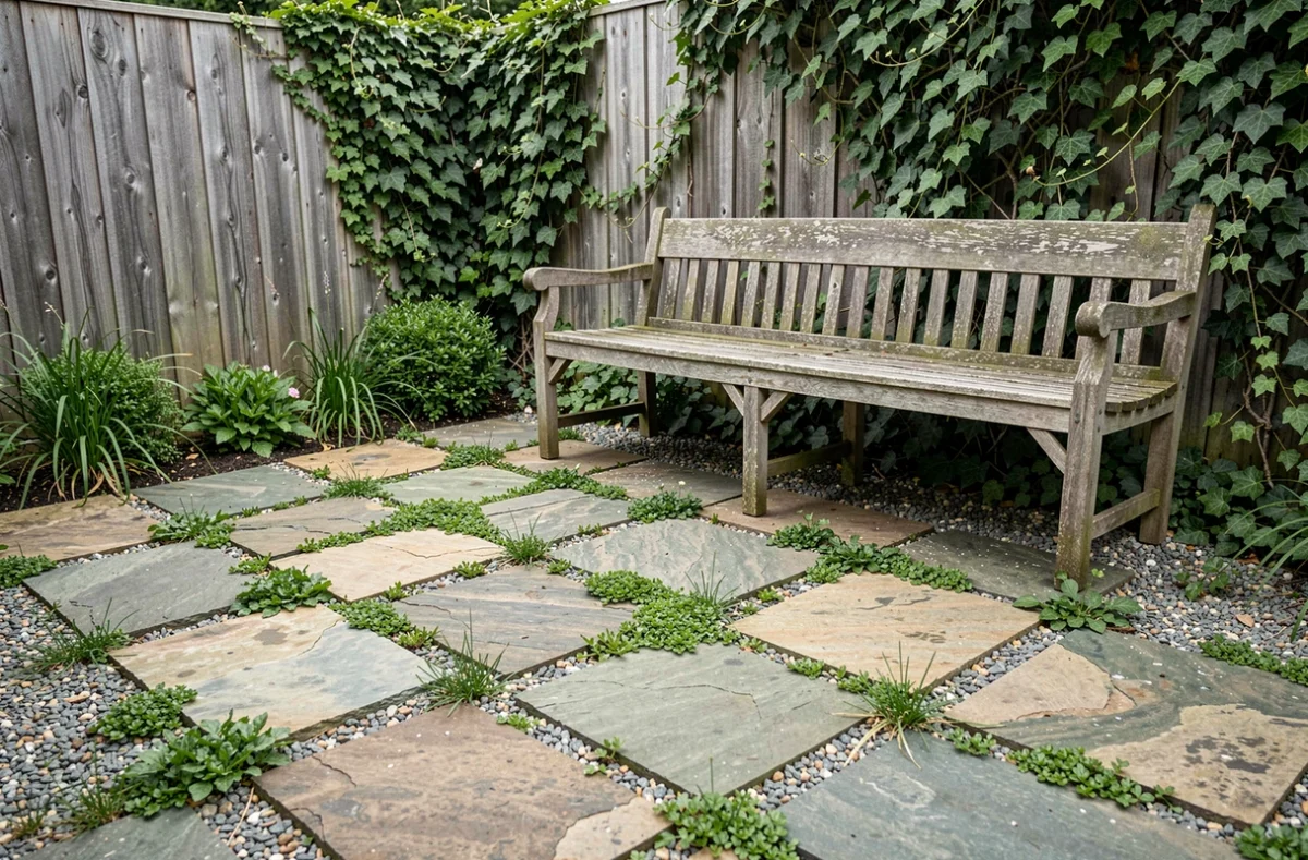 Terrasse en pierres naturelles irrégulières et graviers avec végétation entre les joints, alternative au béton