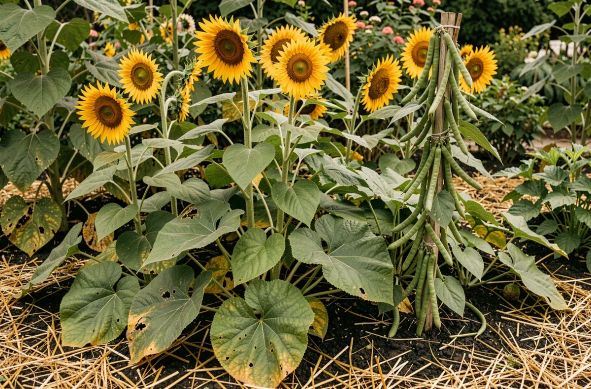 Association des trois sœurs en permaculture : tournesol, haricots et courges dans un potager