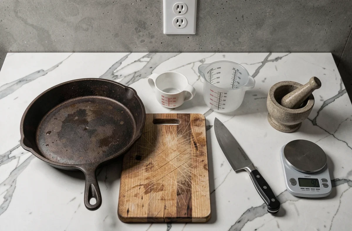 Vue de dessus des ustensiles indispensables d'une cuisine, incluant poêle en fonte, planche à découper, couteau de chef et balance de cuisine