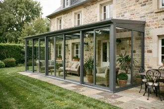 Véranda moderne en verre et aluminium anthracite ajoutée à une maison en pierre traditionnelle, vue depuis le jardin