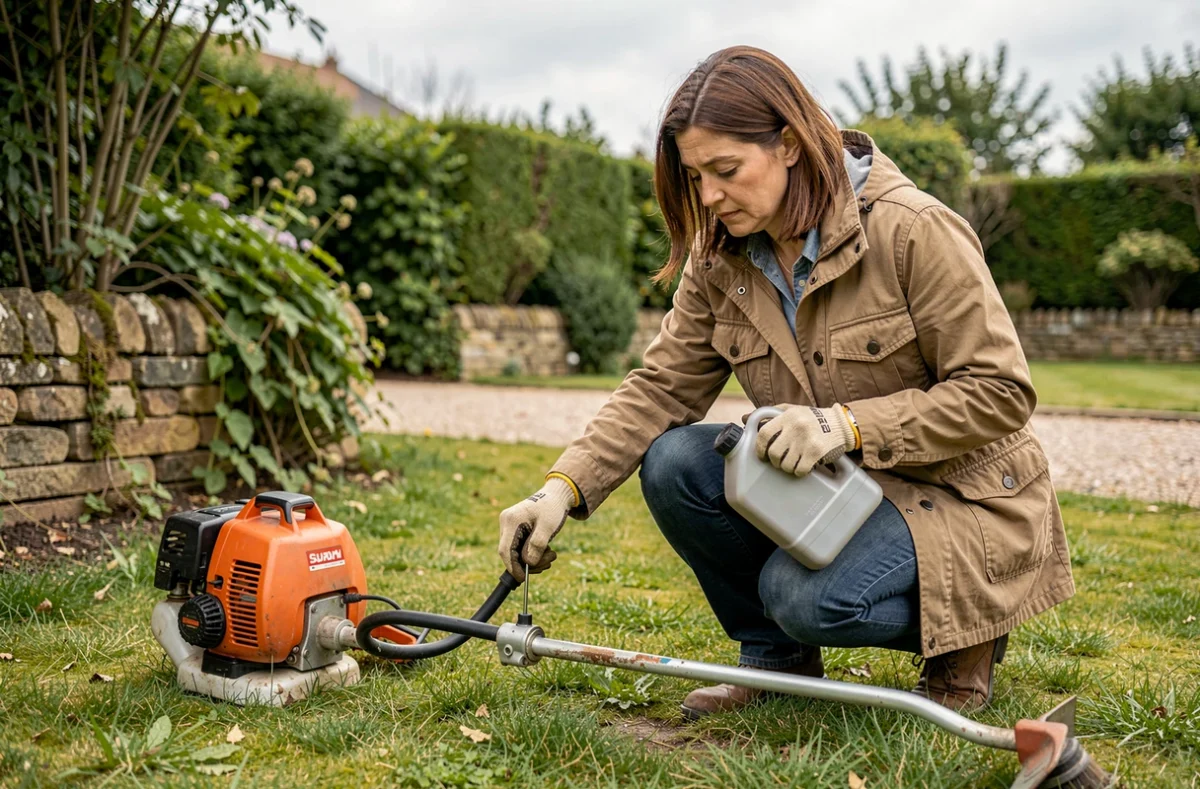 Femme vérifiant le niveau d'huile d'une débroussailleuse professionnelle dans un jardin