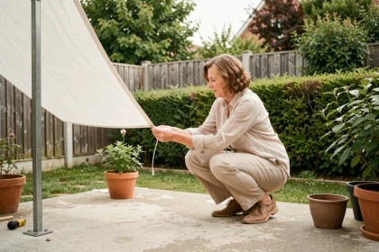 Femme installant une voile d'ombrage sur une terrasse à petit budget