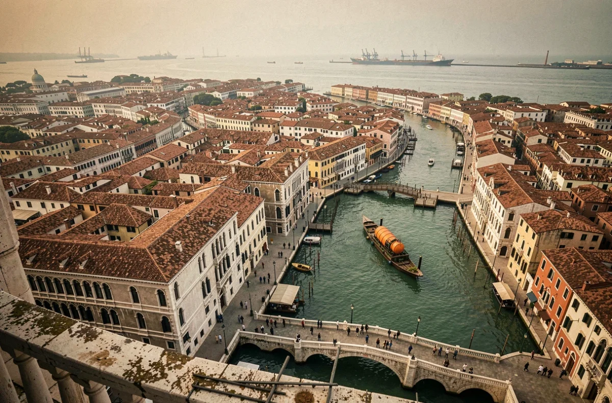 Vue aérienne du réseau de canaux vénitiens depuis un campanile, avec une barge sanitaire amarrée illustrant la gestion des eaux usées dans la ville historique de Venise